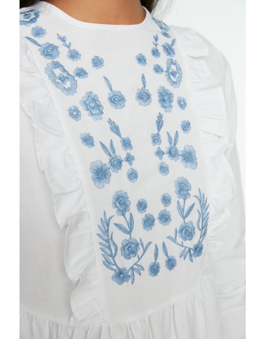 White Floral A-Line Midaxi Smock Dress with Long Sleeve - 4