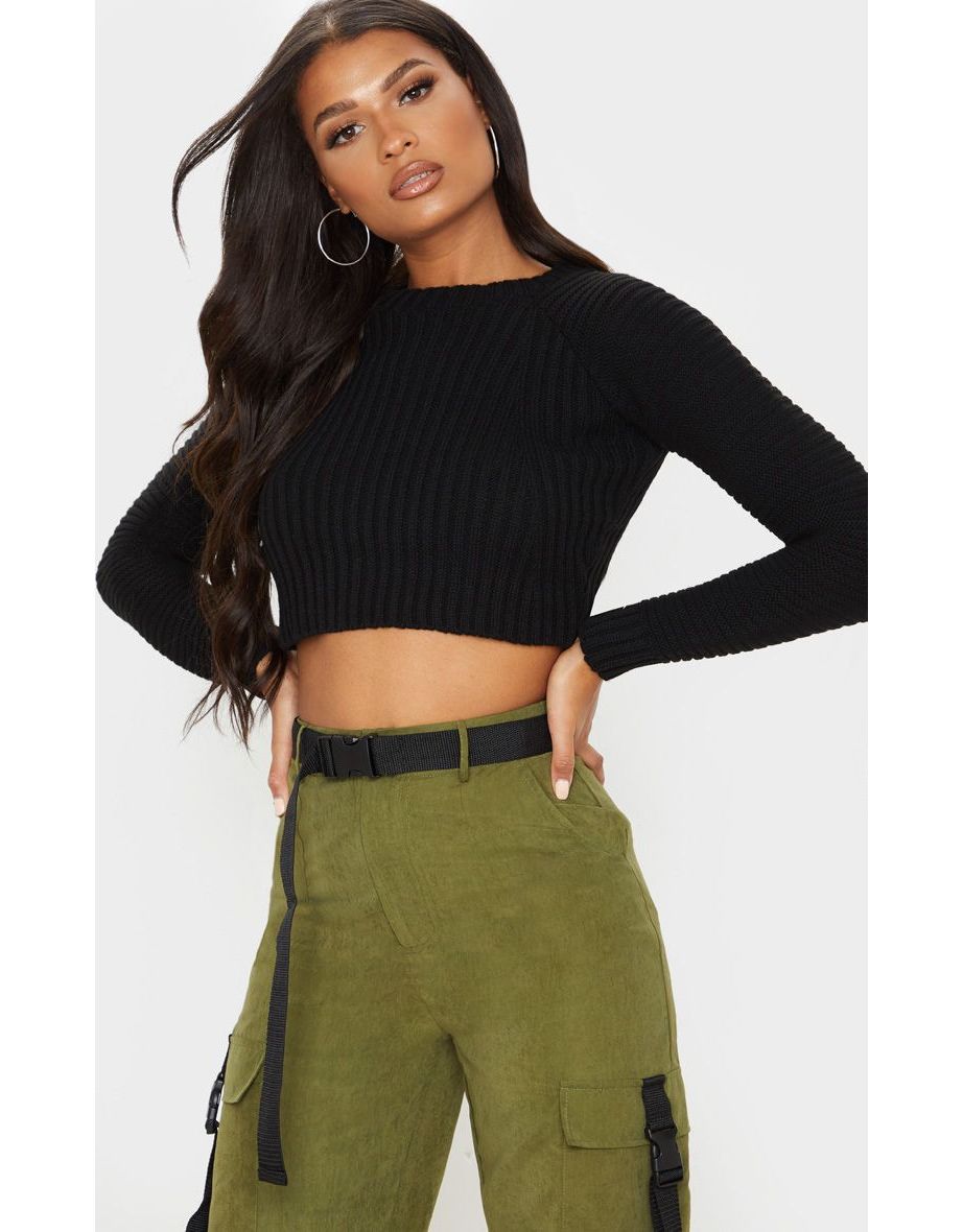 Black Cropped Rib Knit Jumper