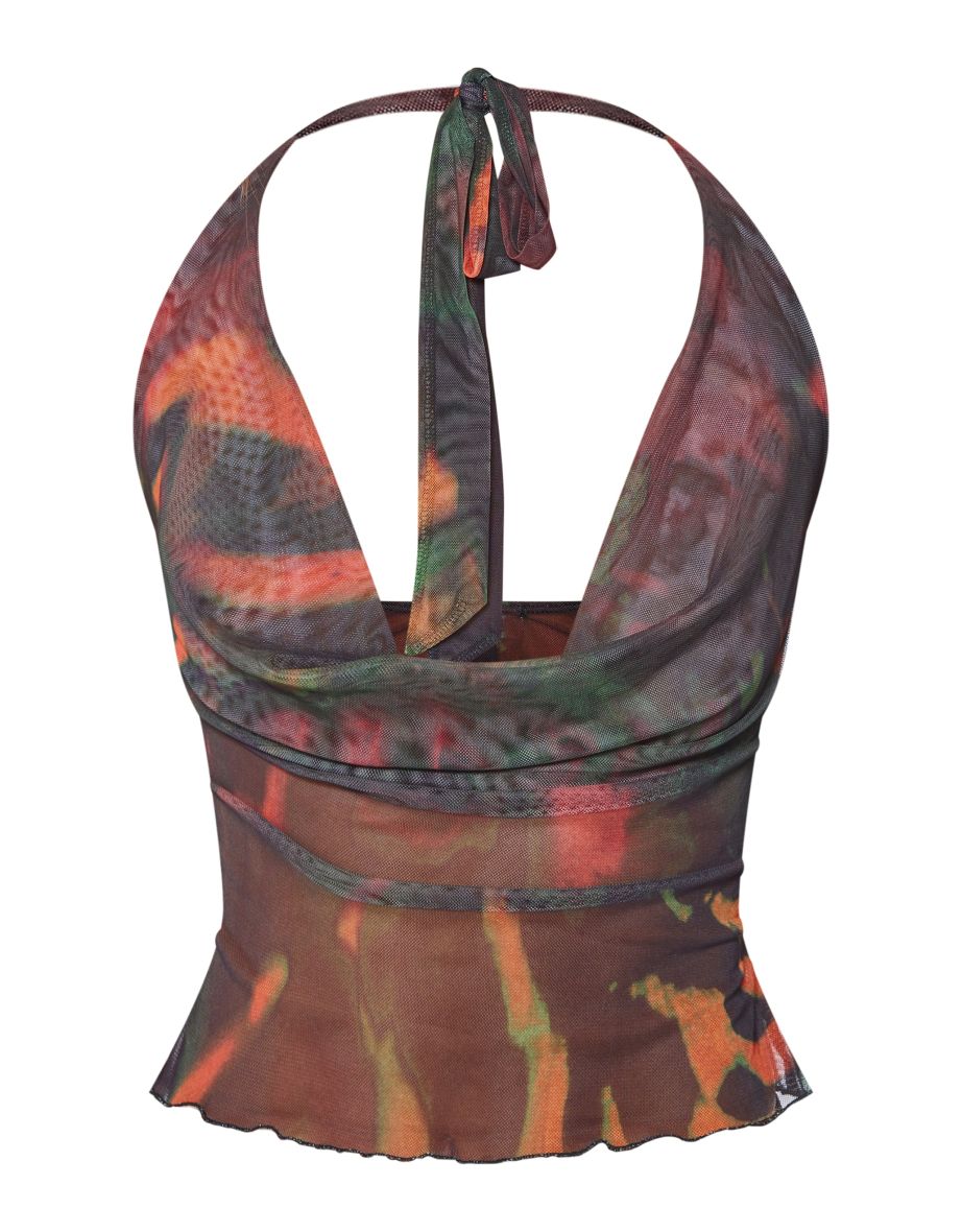 Multi Abstract Mesh Cowl Halterneck Crop Top - 4