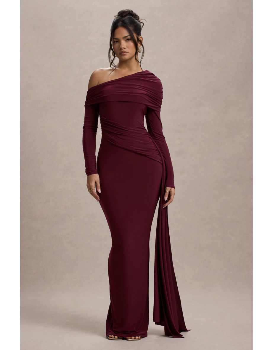 Valina | Burgundy Ruched Asymmetric Maxi Dress With Drape