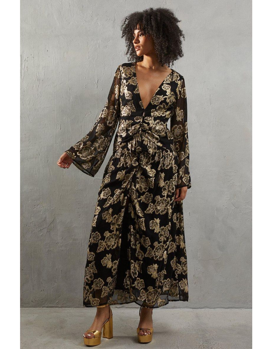 Metallic V Plunge Maxi Dress