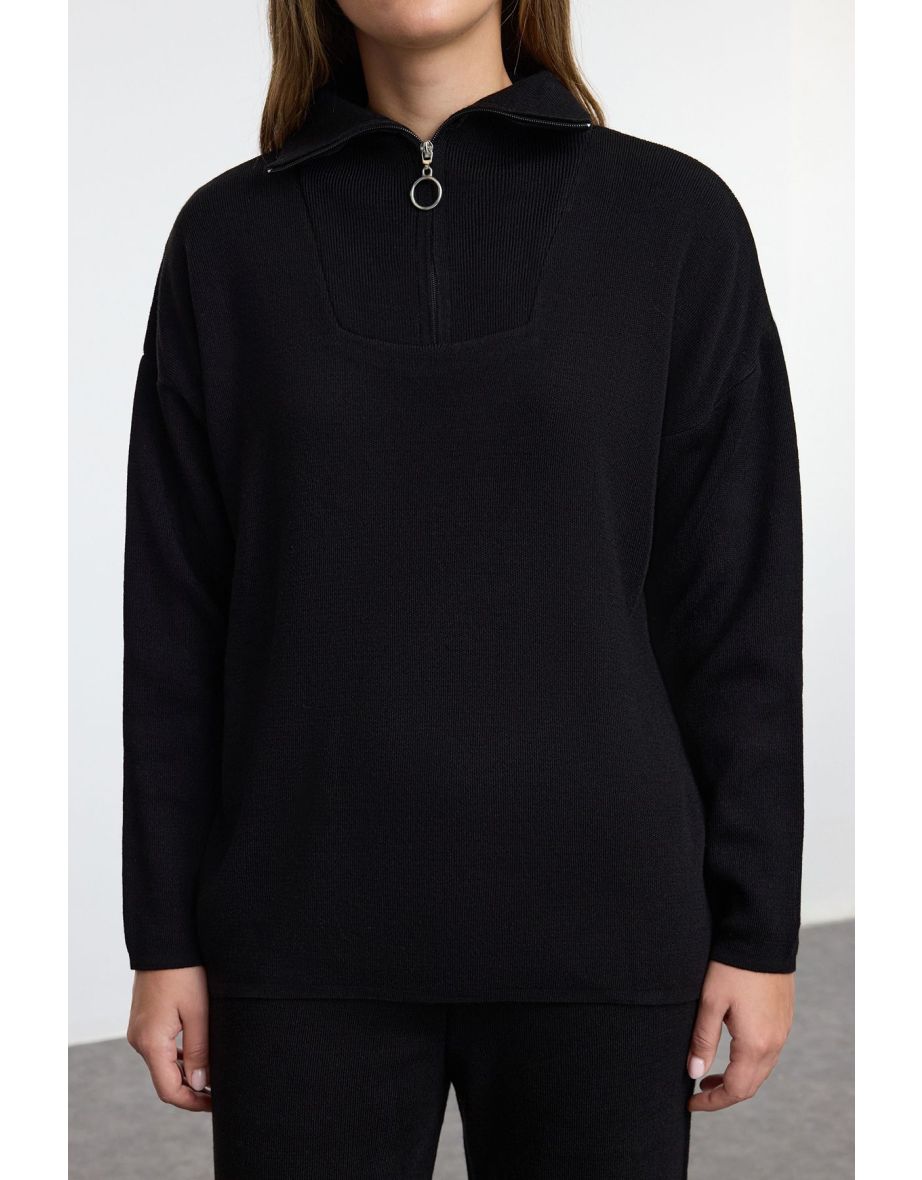 Black Wide Pattern Zippered Knitwear Top-Bottom Set - 4