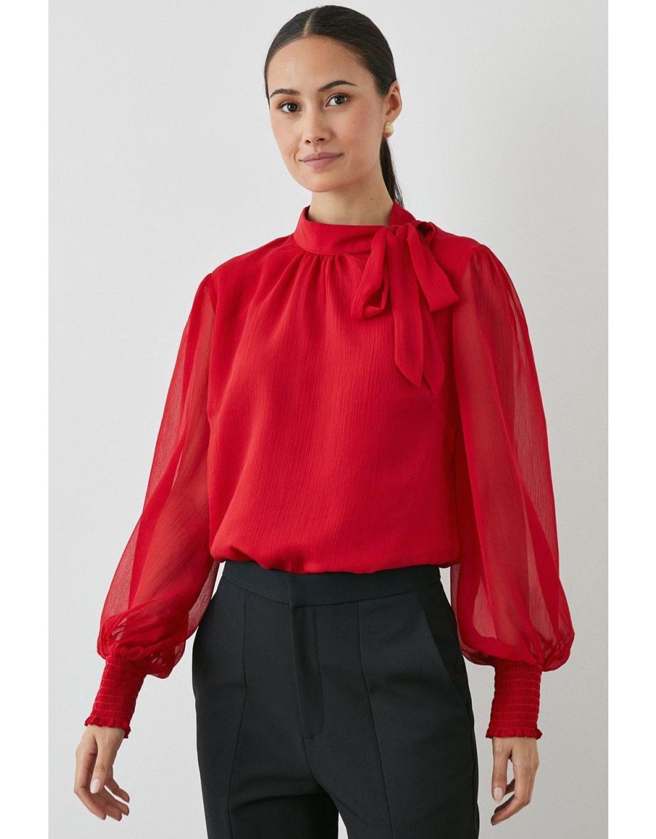 Side Tie Neck Blouse - red