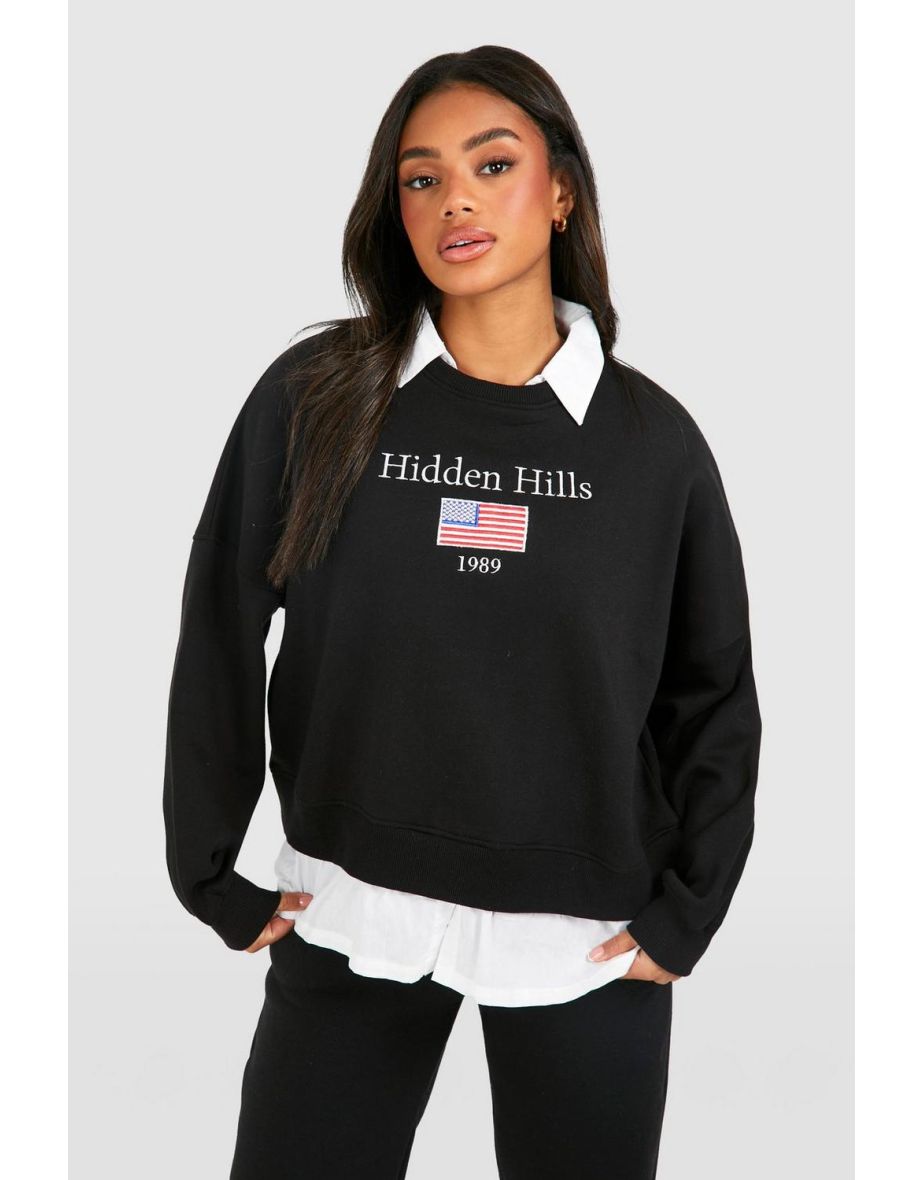 Hidden Hills Slogan Poplin Insert Oversized Sweatshirt - black