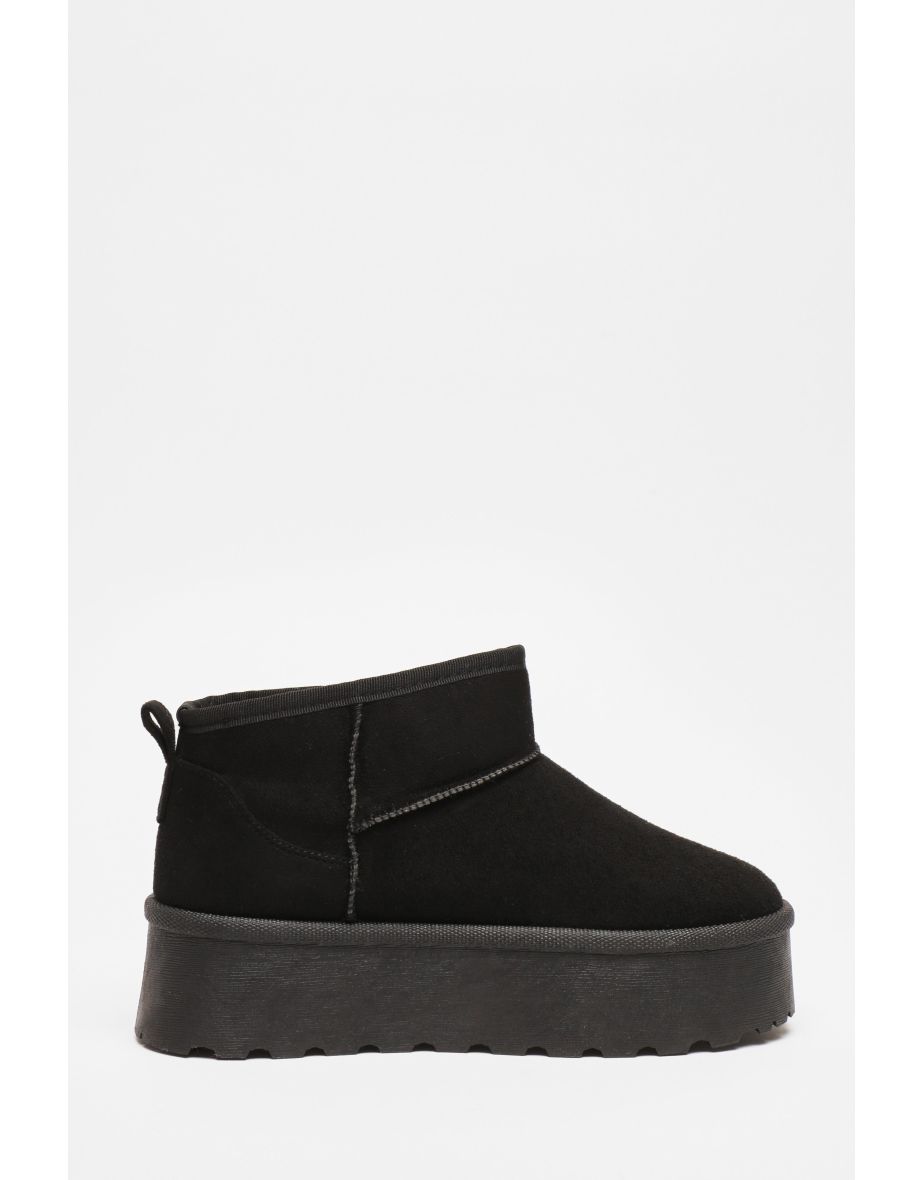 Black Faux Suede Platform Ankle Boots - 4