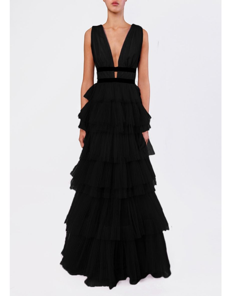 Eliza Black Fully Lined Plunging Neck Layered Tulle Skirt Maxi-Dress