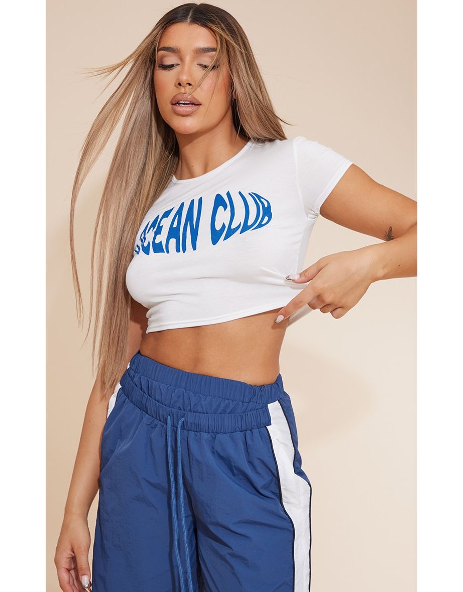 White Ocean Club Printed Fitted Crop T Shirt