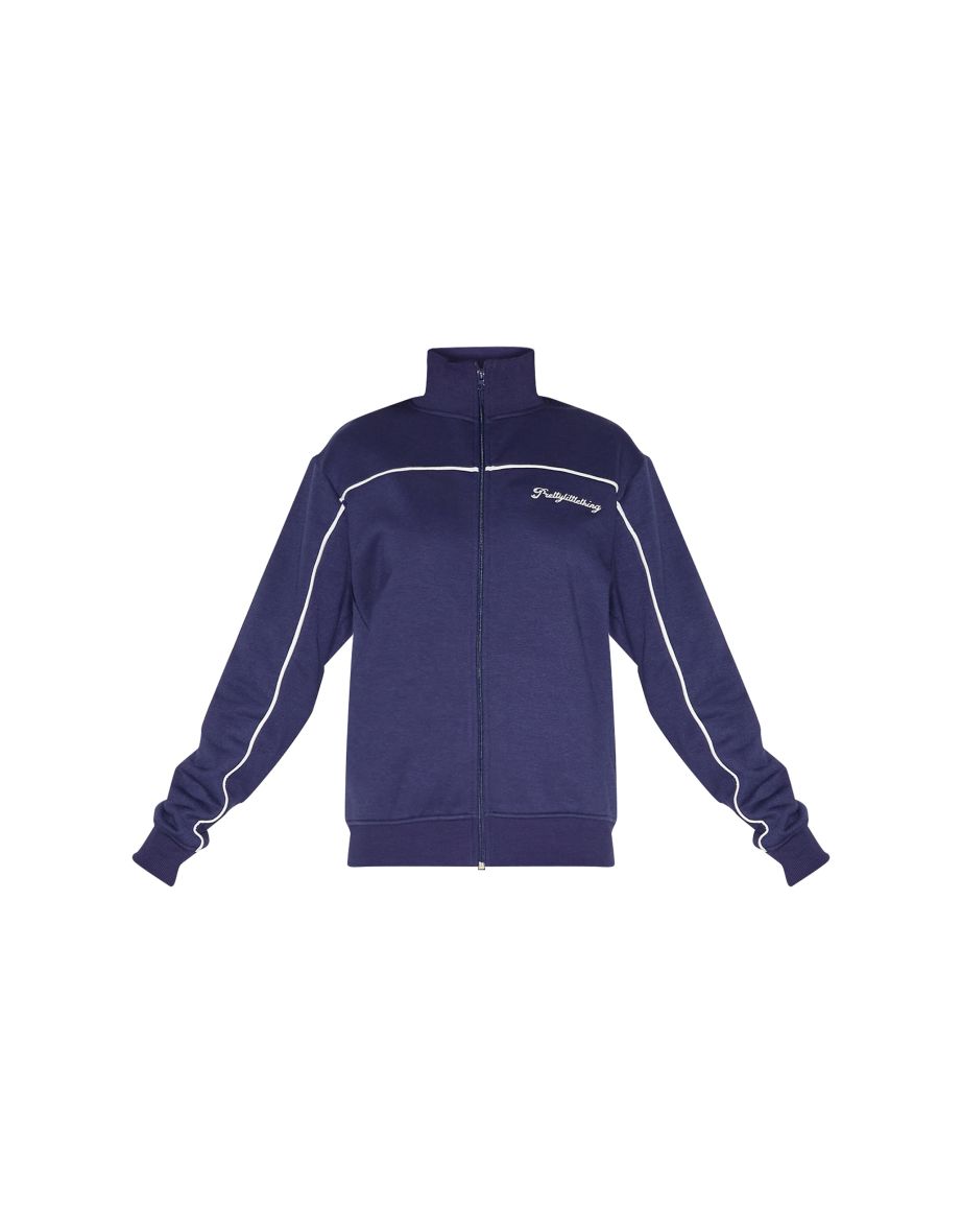 PRETTYLITTLETHING Dark Blue Contrast Piping Detail Zip Through Track Top - 4