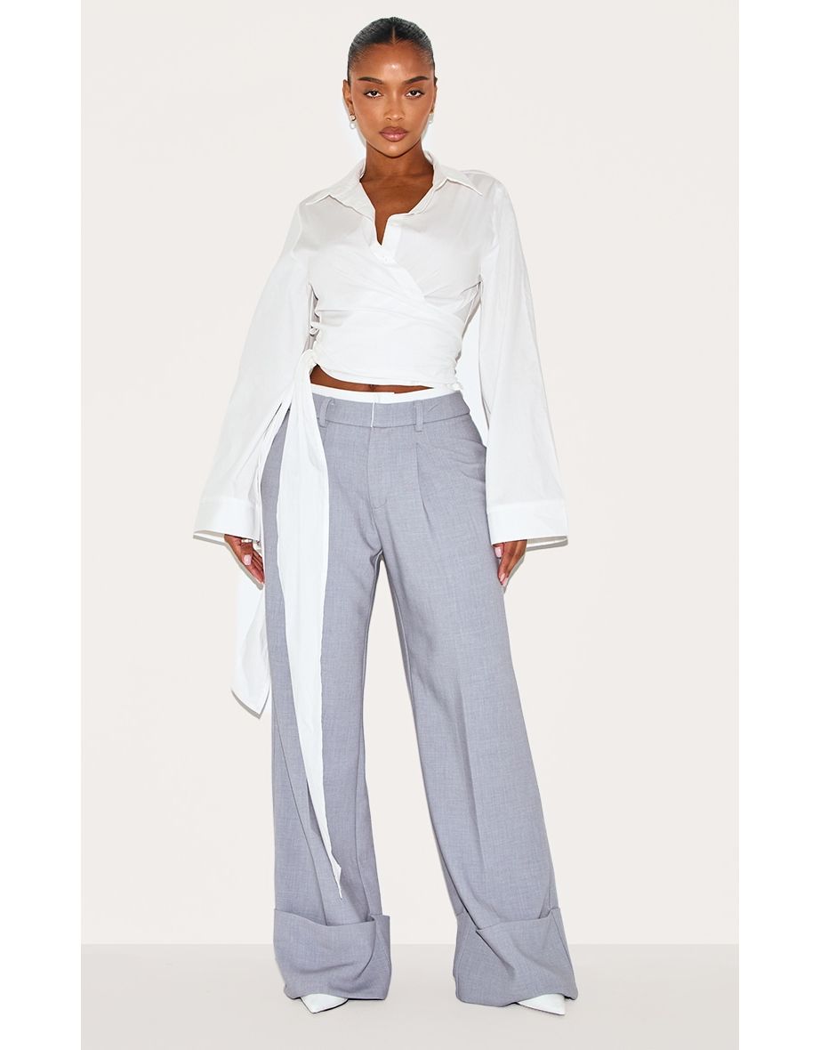 Shape White Wrap Tie Waist Wide Sleeve Shirt