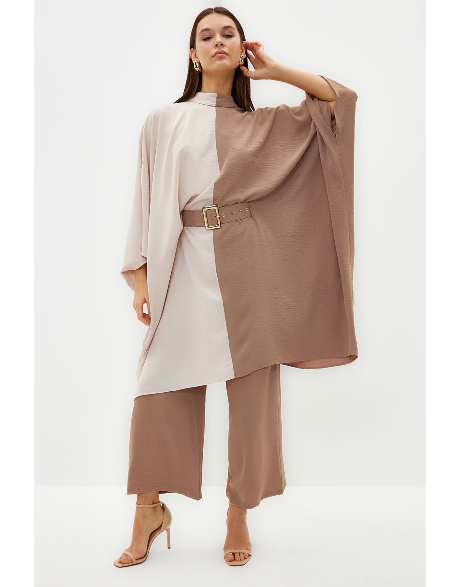 Mink Color Block Waist Belted Tunic-Pants Woven Suit