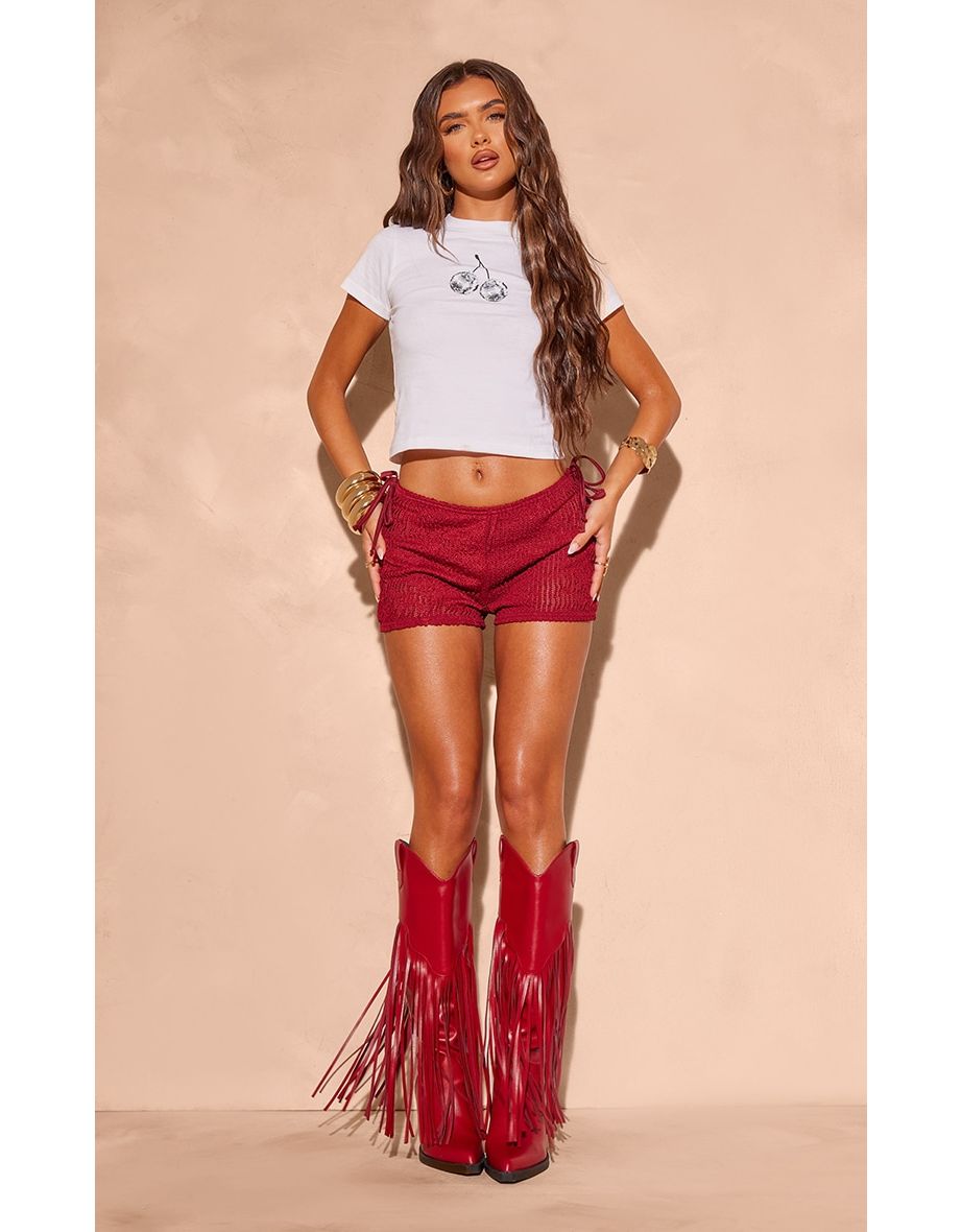 Shop Red Textured Jersey Tie Side Mini Hot Pants Online in Shop Red Textured Jersey Tie Side Mini Hot Pants Online in