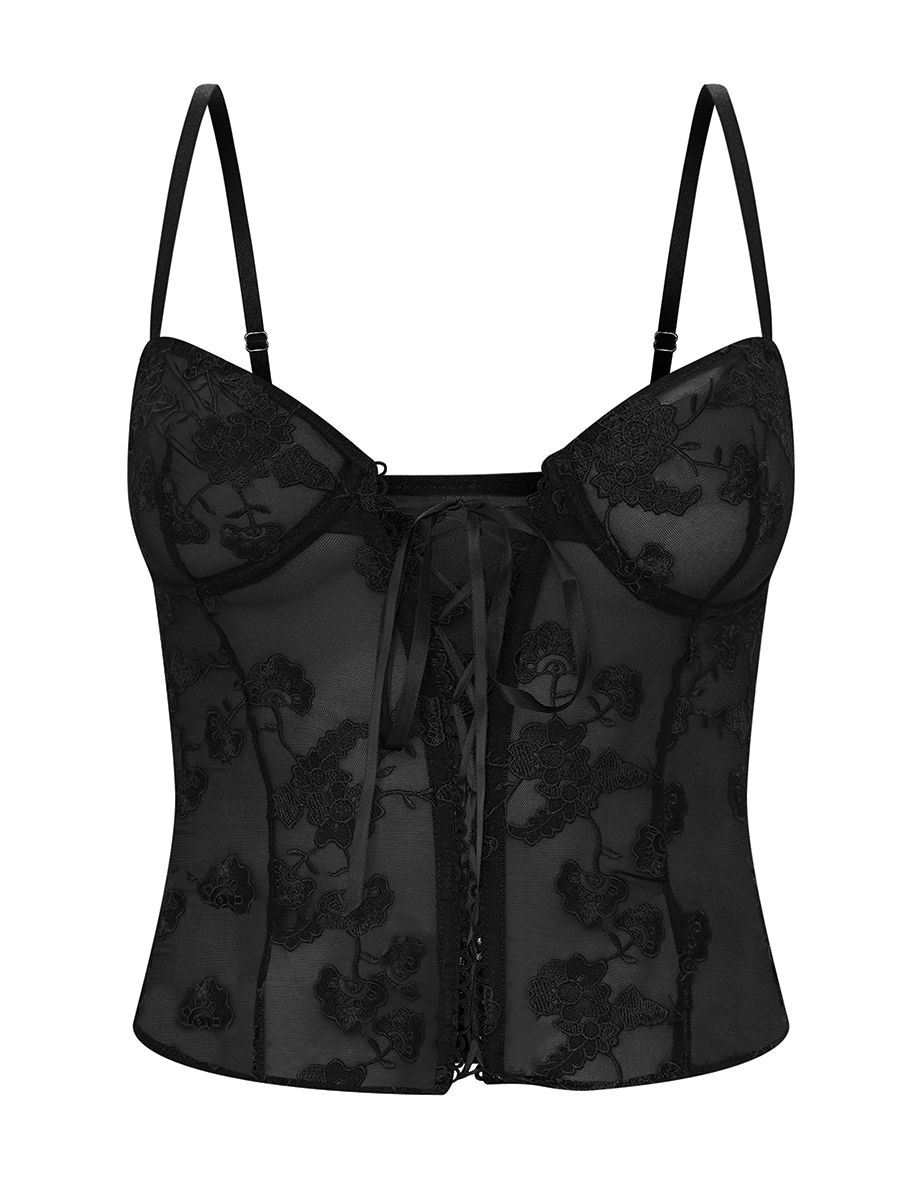 Black Mesh Floral Embroidered Lace Up Corset - 4