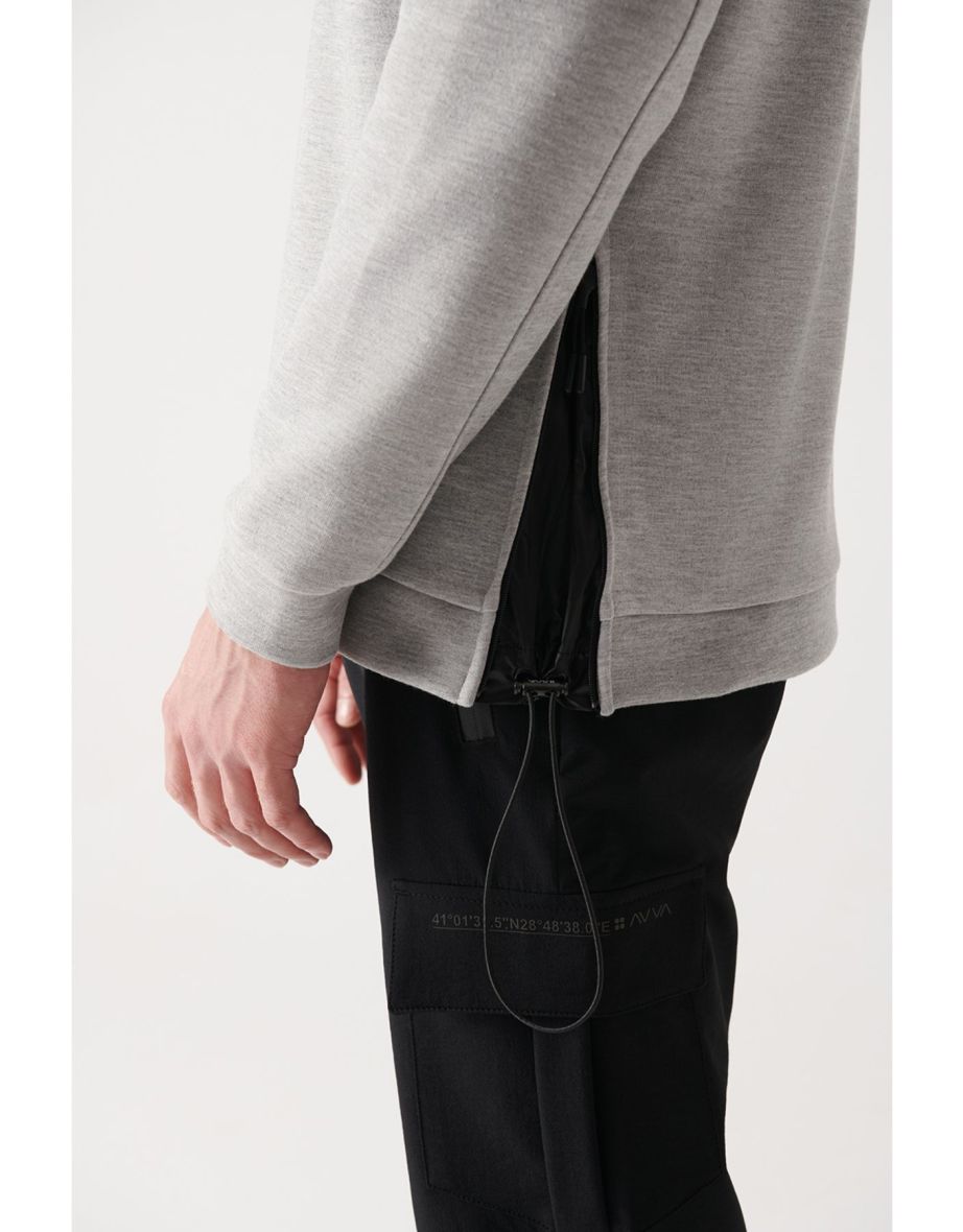 Men's Gray Crew Neck Parachute Fabric Pocket And Slit Detailed Standard Fit Regular Fit Sweatshirt - 4