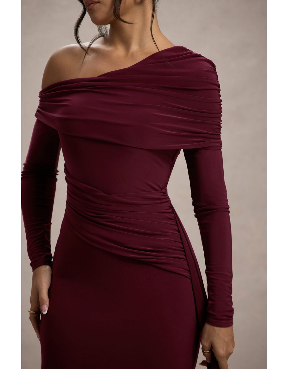 Valina | Burgundy Ruched Asymmetric Maxi Dress With Drape - 6