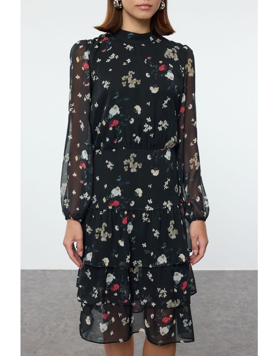 Black-Multicolored Floral Skater Ruffle Midi Woven Winter Dress - 2
