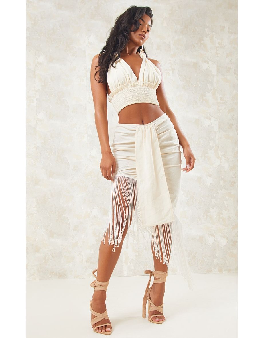 Shop Cream Linen Feel Fringe Asymmetric Skirt Online in Qatar VogaCloset