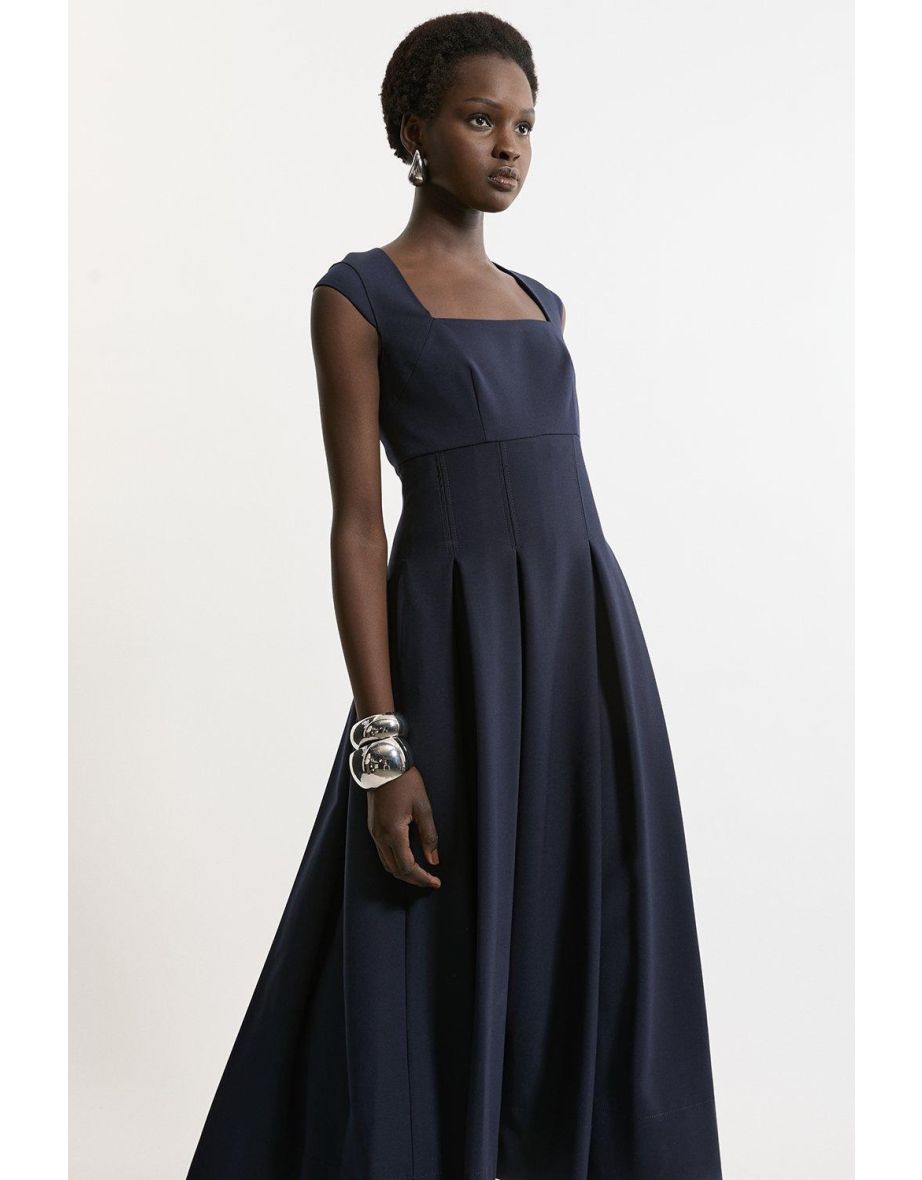 Petite Compact Stretch Clean Tailored Square Neck Full Skirted Midaxi Dress - 2