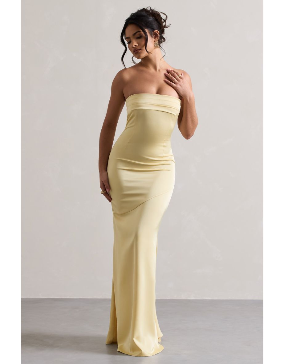 Colada | Lemon Satin Pleated Bandeau Maxi Dress - 4