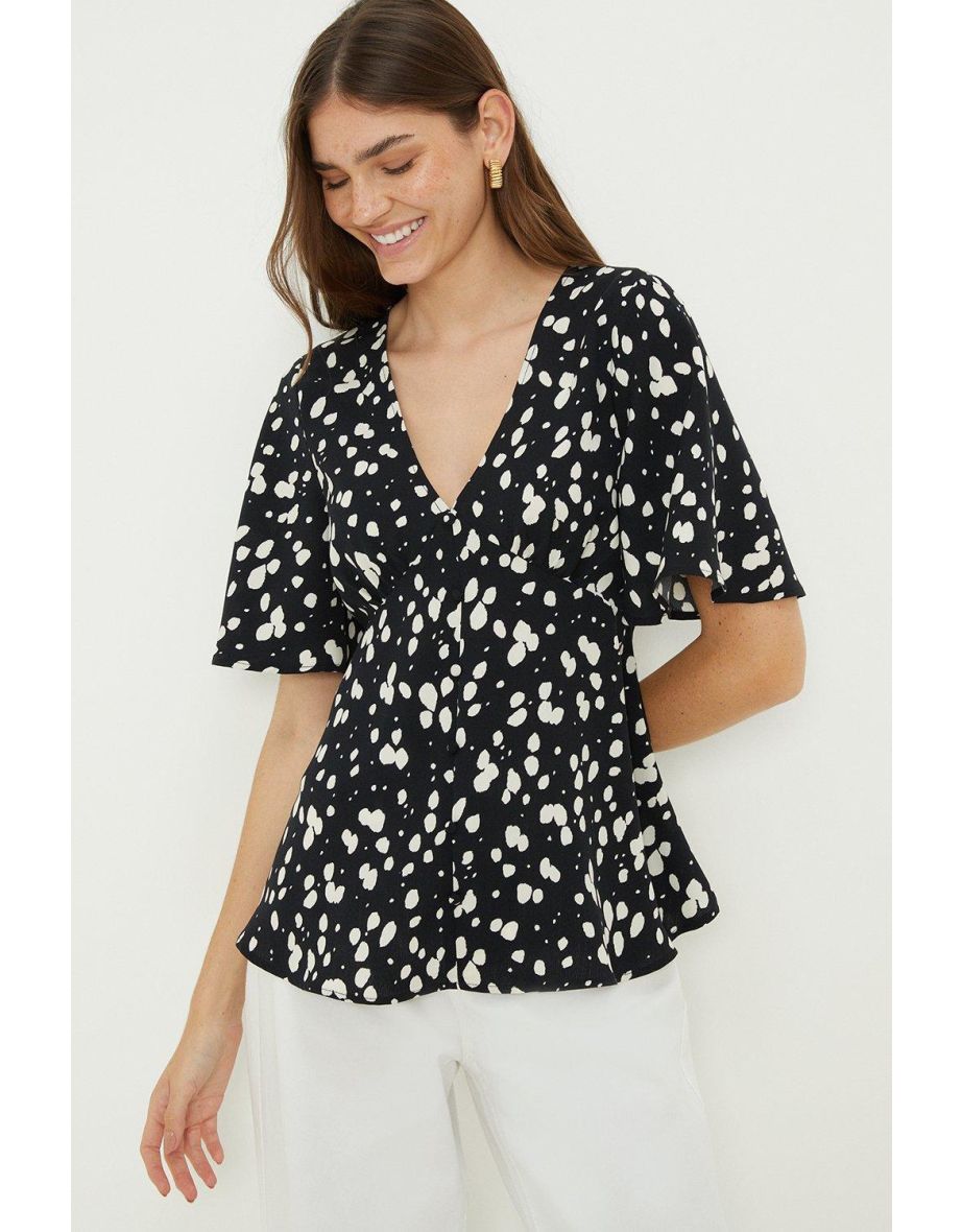 Black Spot Button Front Tea Blouse