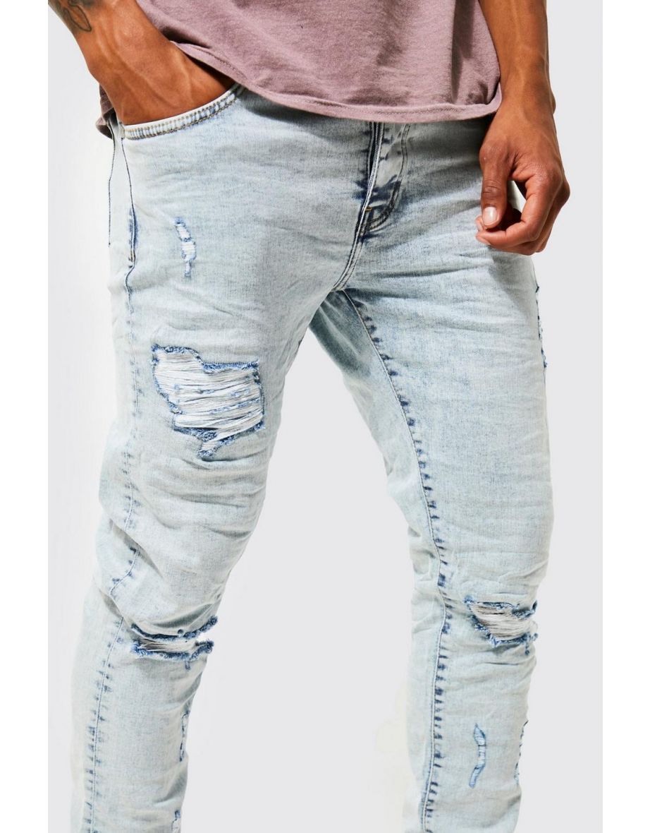 Skinny Stretch Ripped Knee Crinkle Jeans - ice blue - 2