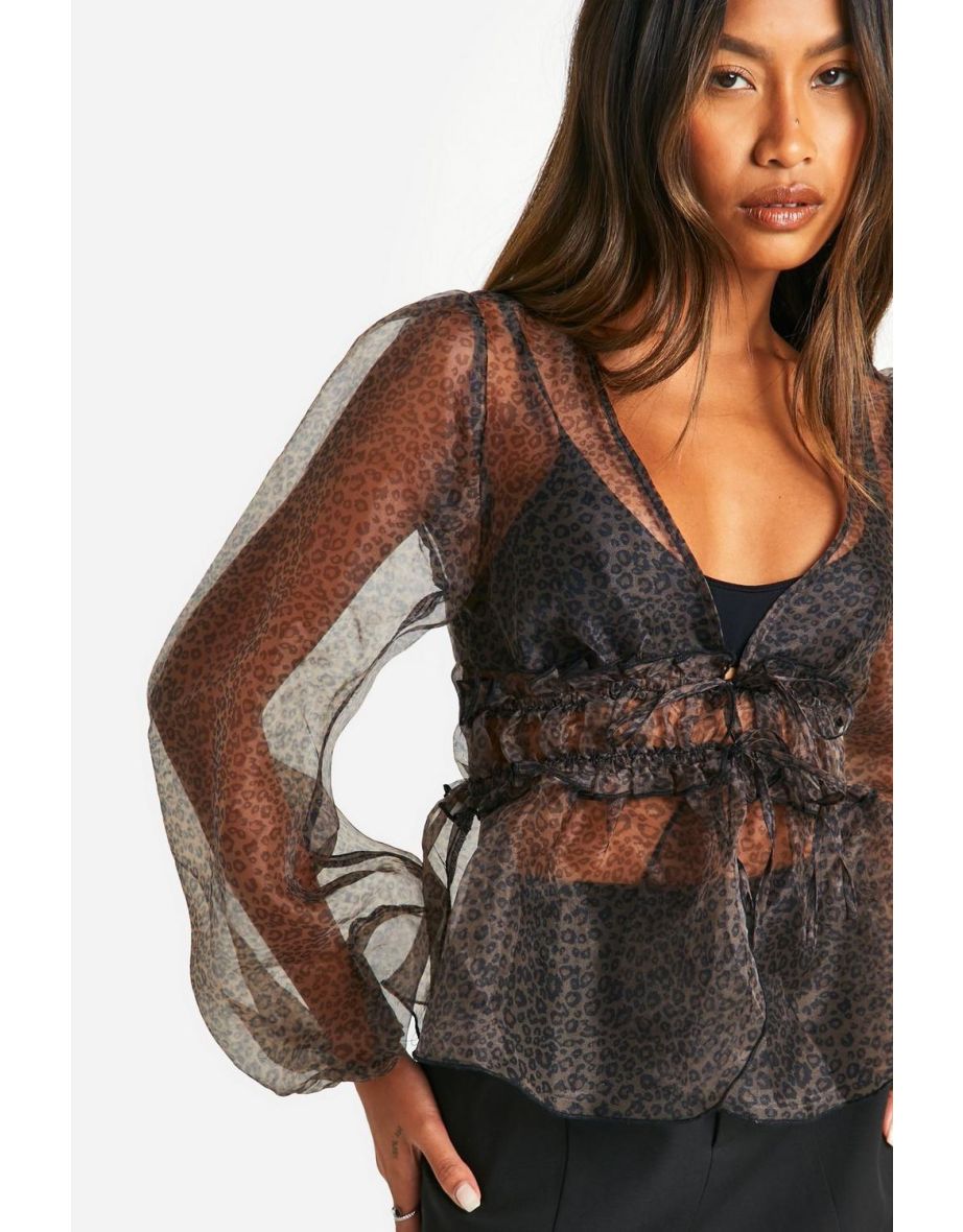 Micro Leopard Print Tie Volume Sleeve Blouse - leopard - 3