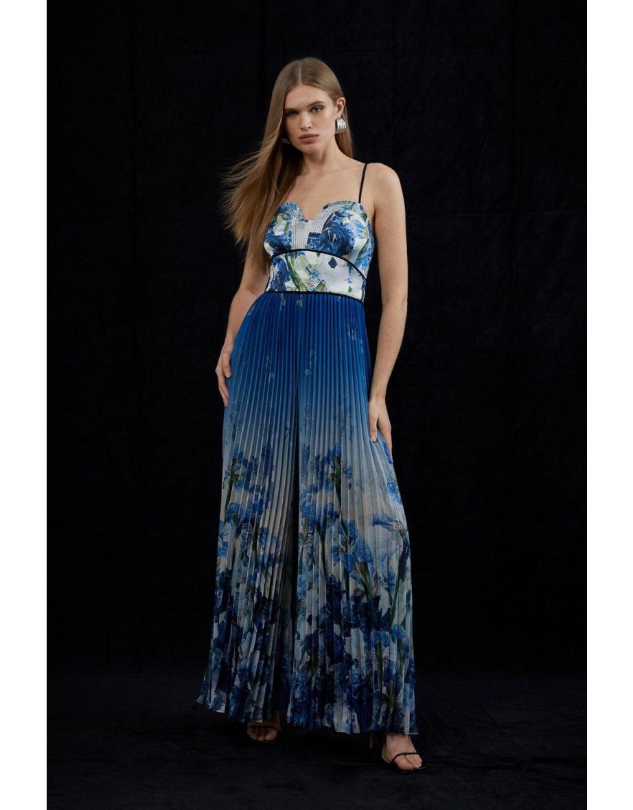 Scattered Floral Print Pleated Strappy Jumpsuit