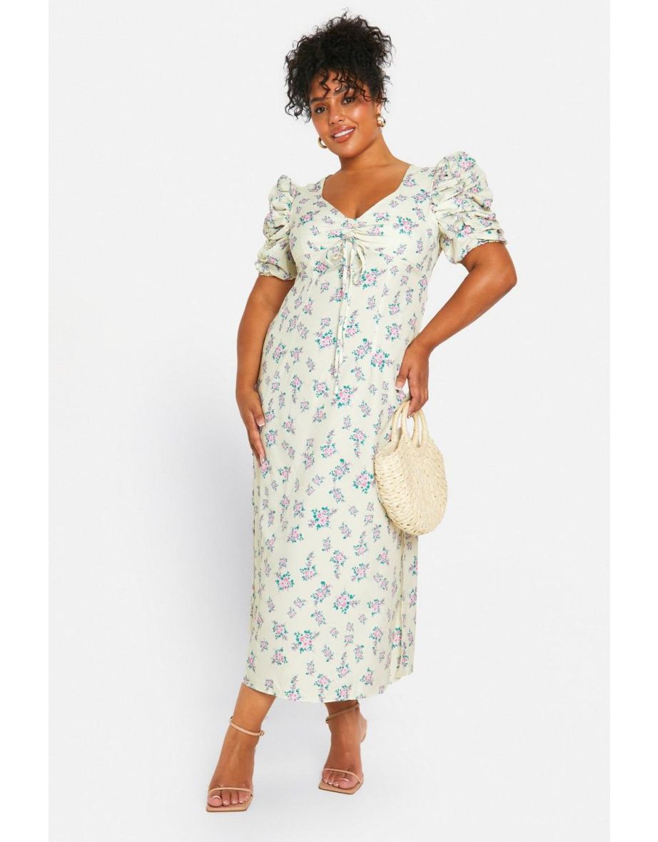 Plus Woven Ditsy Floral Ruched Milkmaid Dress
