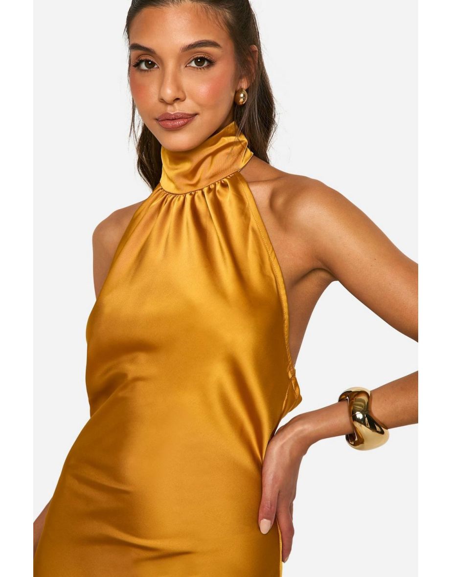 Satin Drape Maxi Dress - ochre - 3