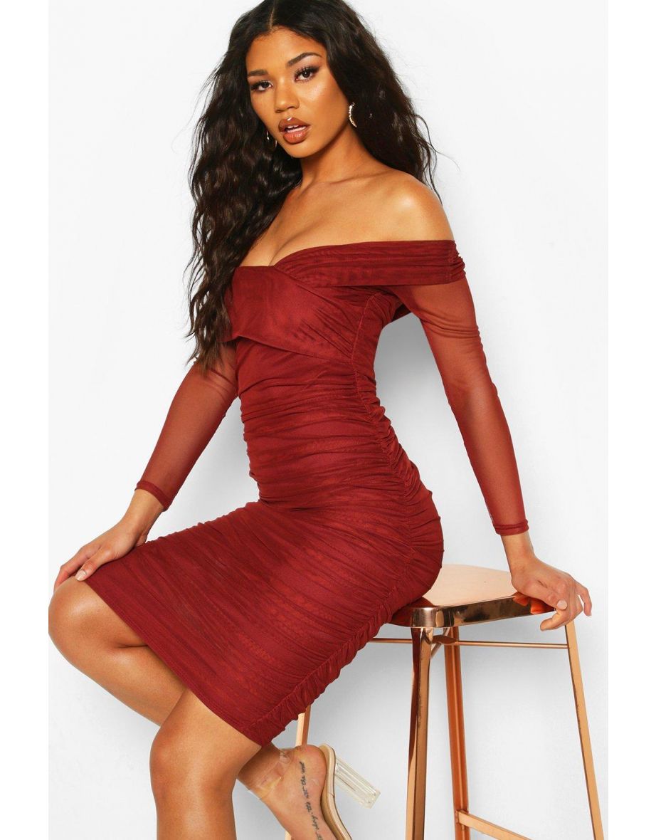 Off Shoulder Ruched Mesh Bodycon Midi Dress - chocolate - 3