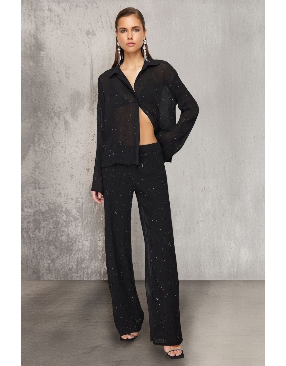 Black Lined Shiny Chiffon Trousers