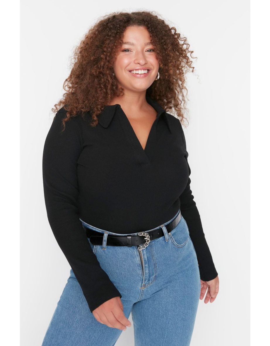 Black Fitted Rivet Knitted Shirt Collar With Snap Buttons Body