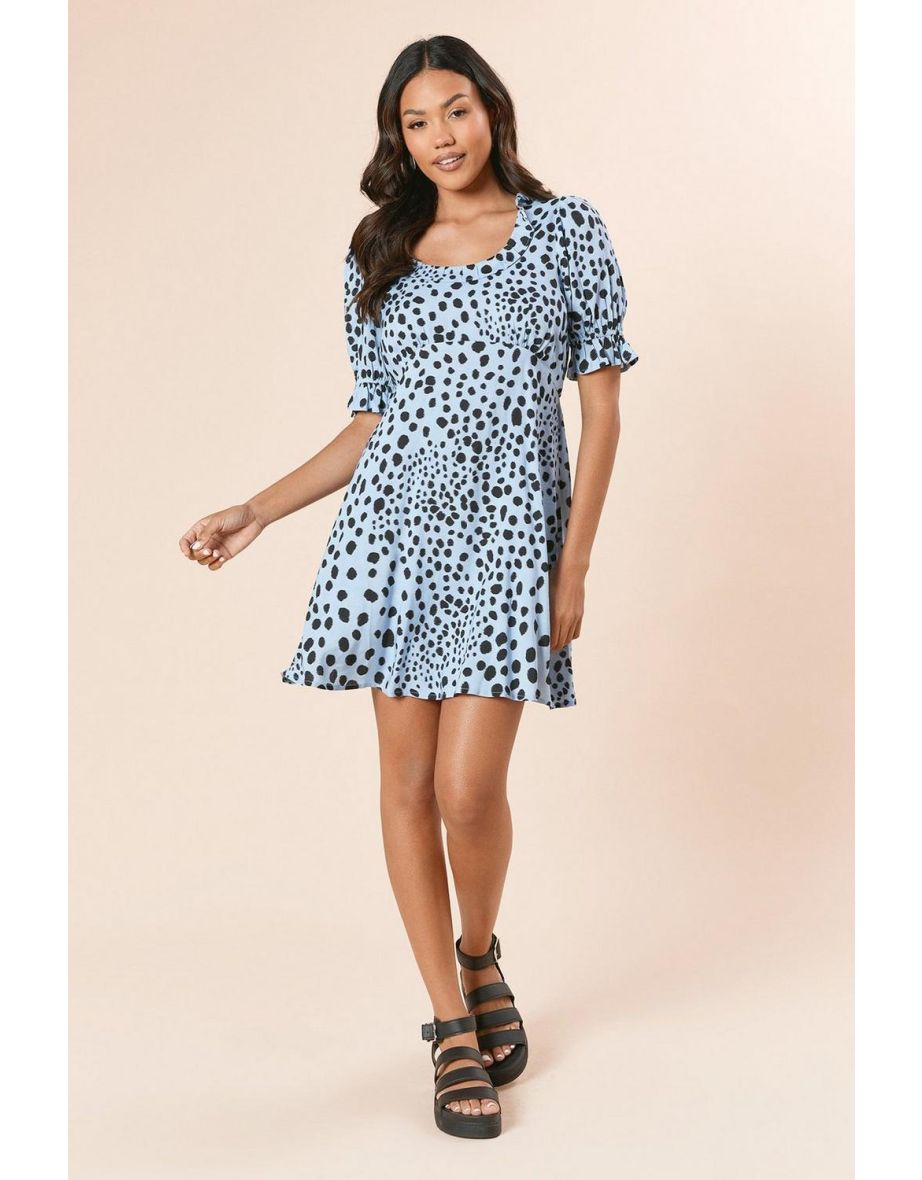 Blue Animal Frill Neckline Tie Back Mini Dress