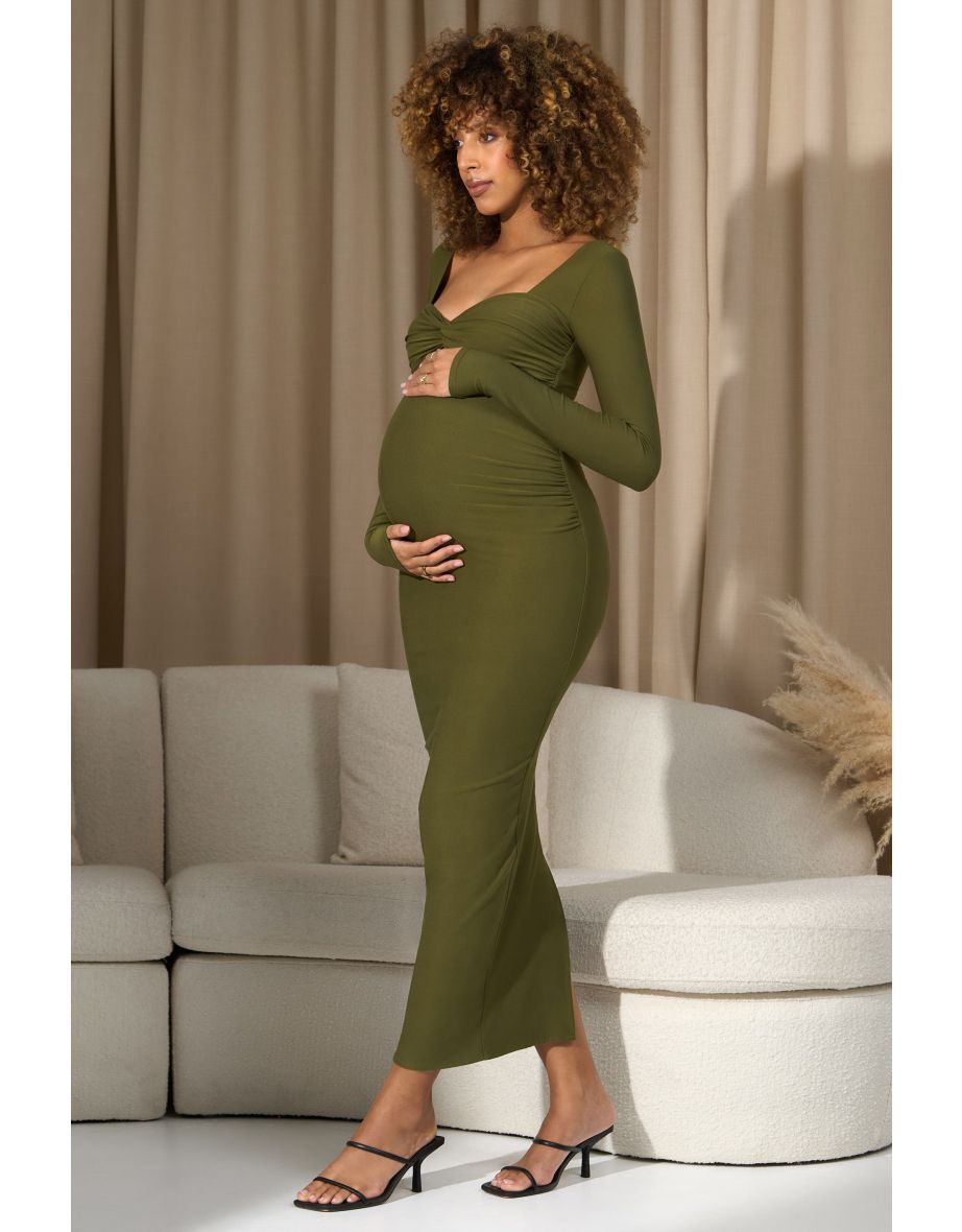 Saffron | Moss Green Bodycon Sweetheart Maternity Midaxi Dress - 4