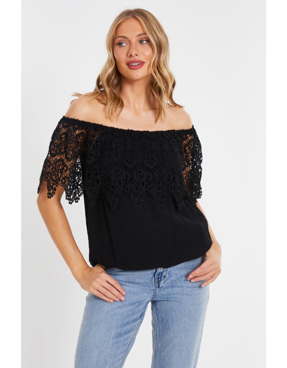 Black Crochet Bardot Top