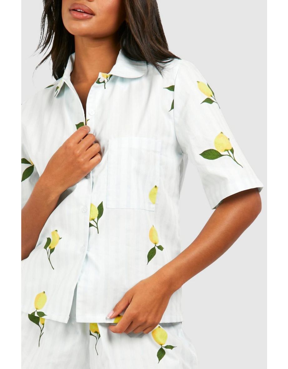 Cotton Poplin Lemon Stripe Short Sleeve Pyjama Shirt - 3