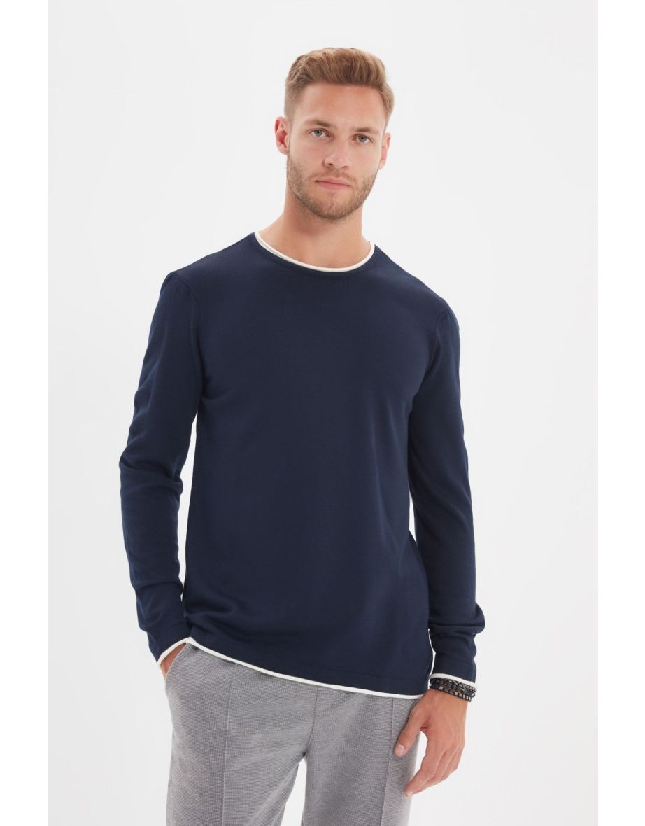 Navy Blue Men's Slim Fit Contrast Collar Piping Sweater