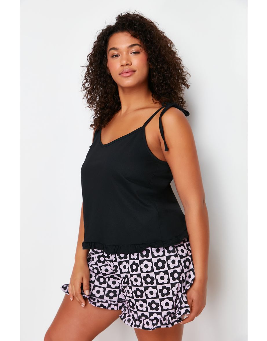 Black Staple Knitted Plus Size Pajamas Set - 7