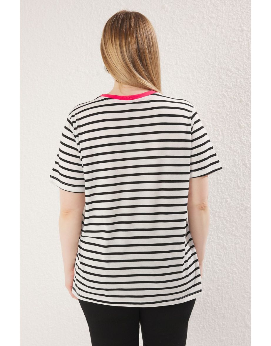Black-White Striped Contrast Collar Boyfriend Fit Knitted Plus Size T-shirt - 4