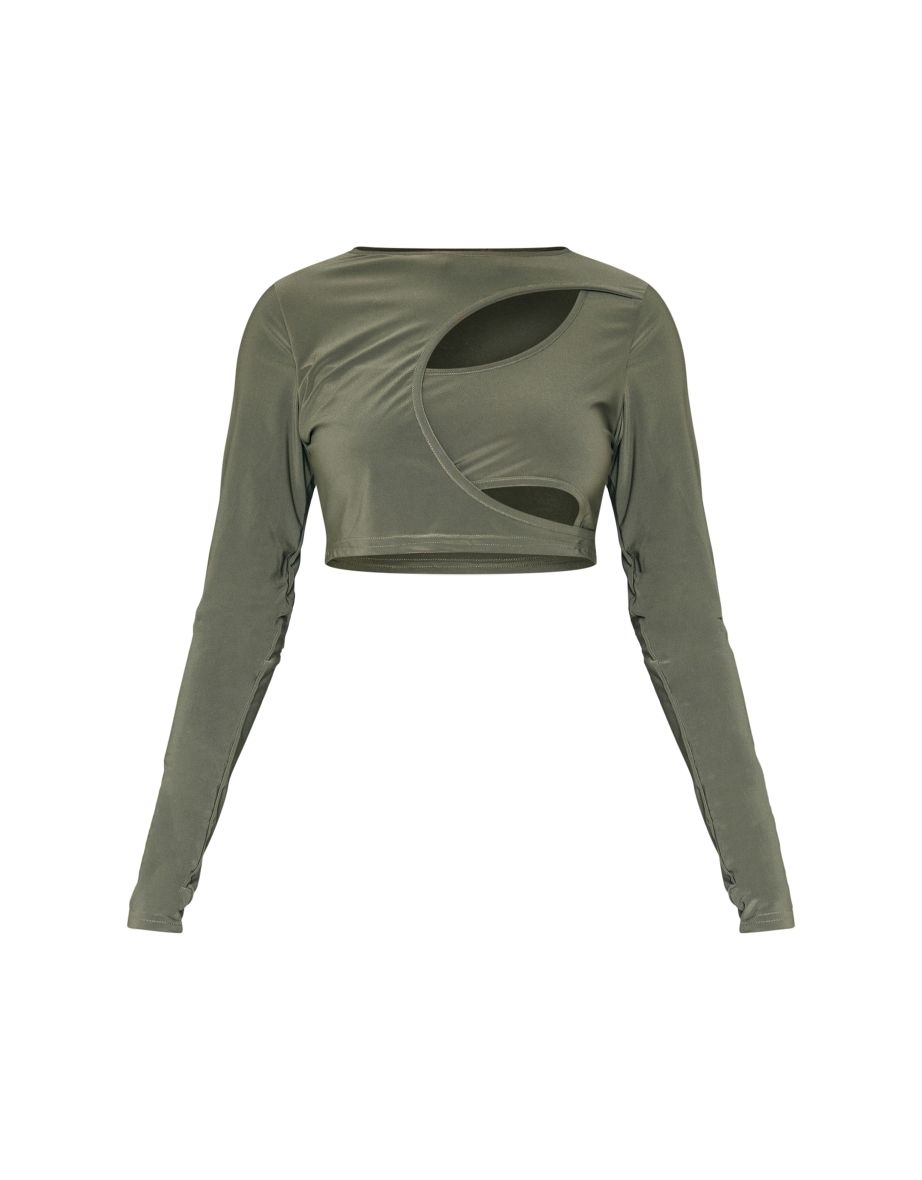 Khaki Slinky Long Sleeve Cut Out Front Crop Top - 4