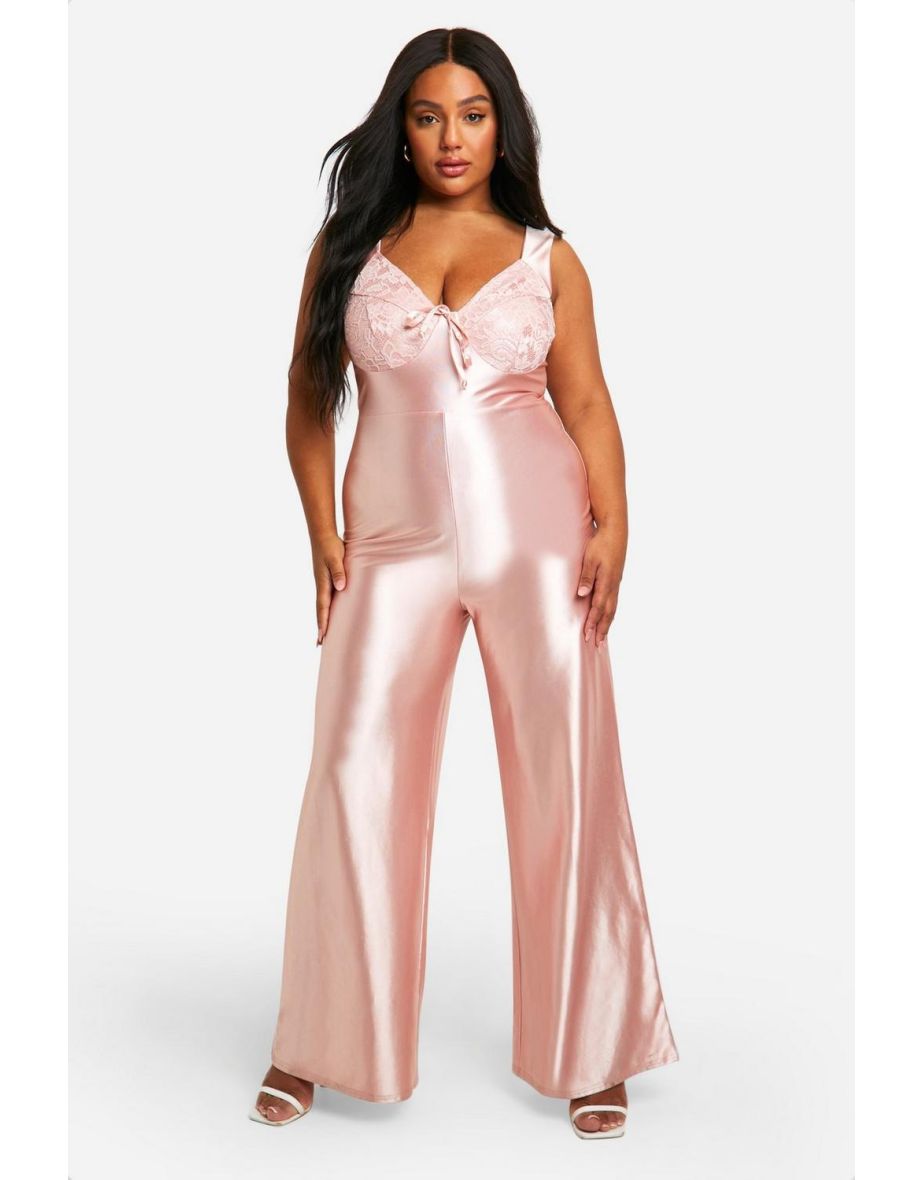 Plus Stretch Satin Lace Trim Detail Wide Leg Jumpsuit - pink