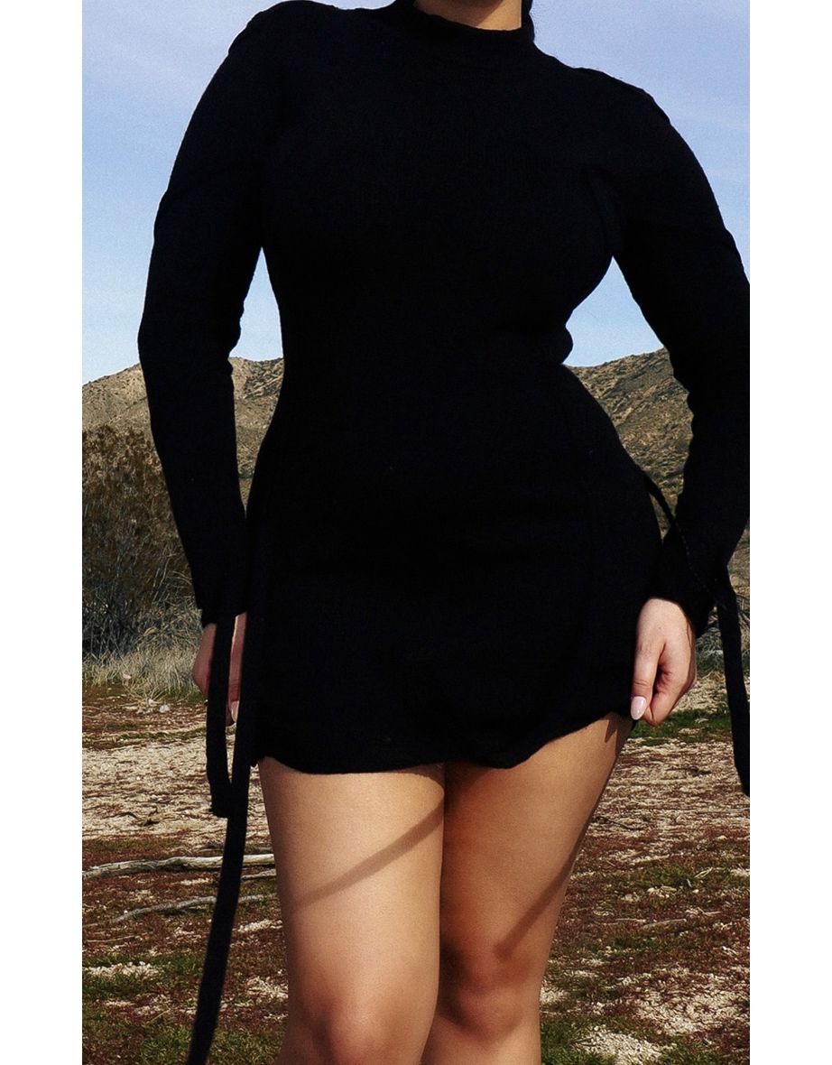 Plus Black Knitted Tie Detail Wrap Bodycon Dress - 2