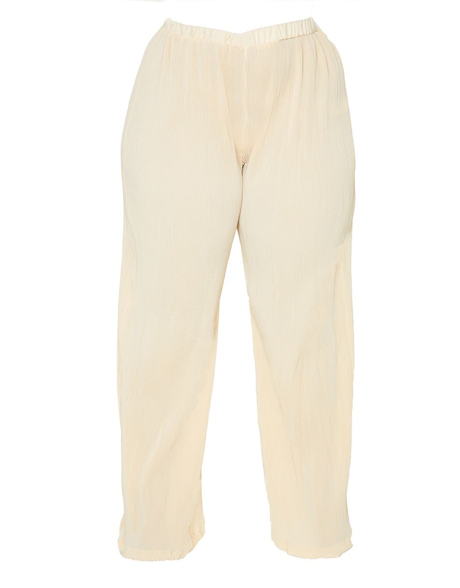 Plus Cream Plisse High Waisted Wide Leg   Trousers - 4