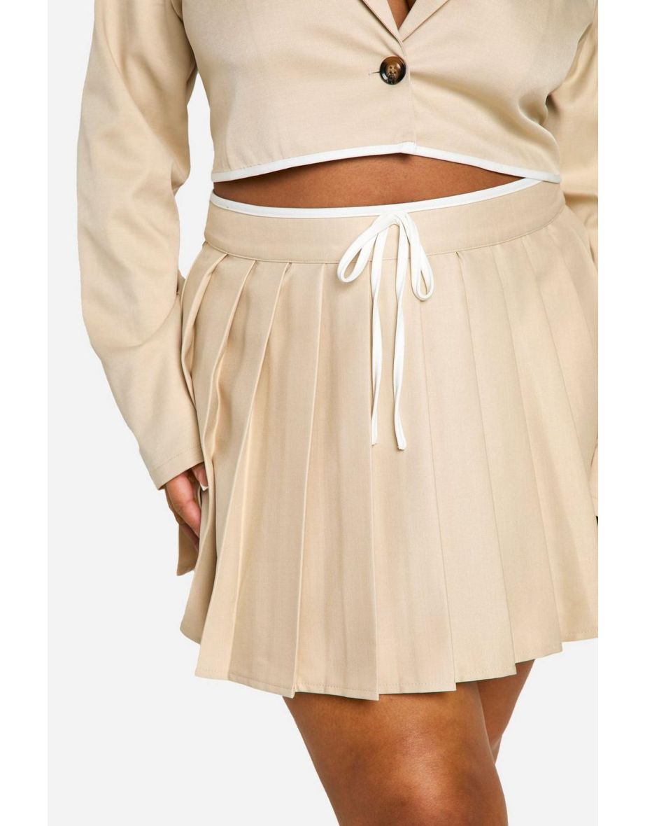 Plus Contrast Binding Pleated Mini Skirt - stone - 3