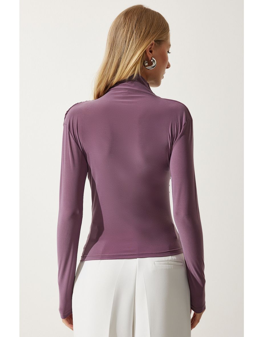 Women's Lilac Gathered Detailed High Neck Sandy Blouse - 4