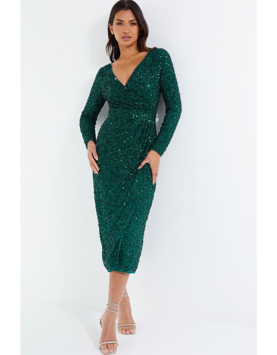 Green Sequin Column Midaxi Evening Wrap Dress with Long Sleeves