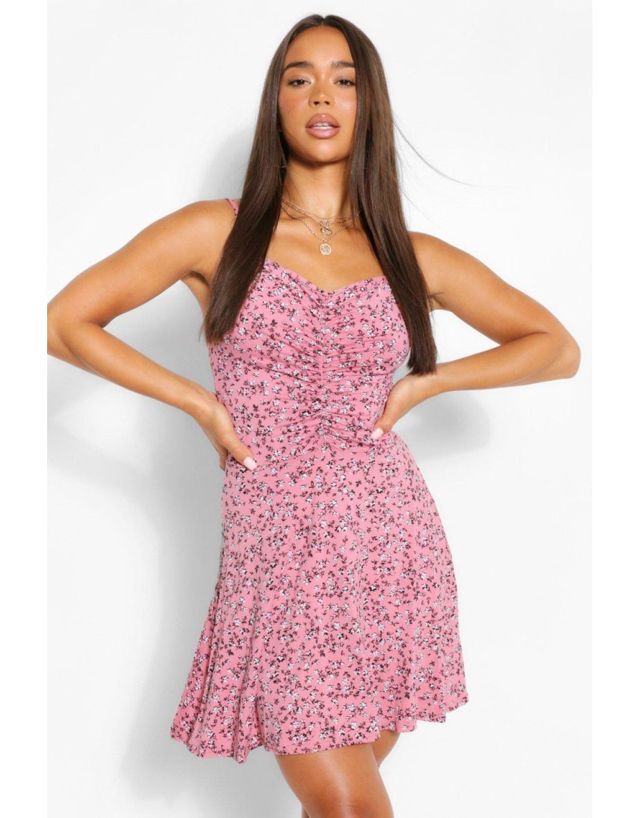 Ditsy Floral Ruched Front Strappy Skater Dress - pink