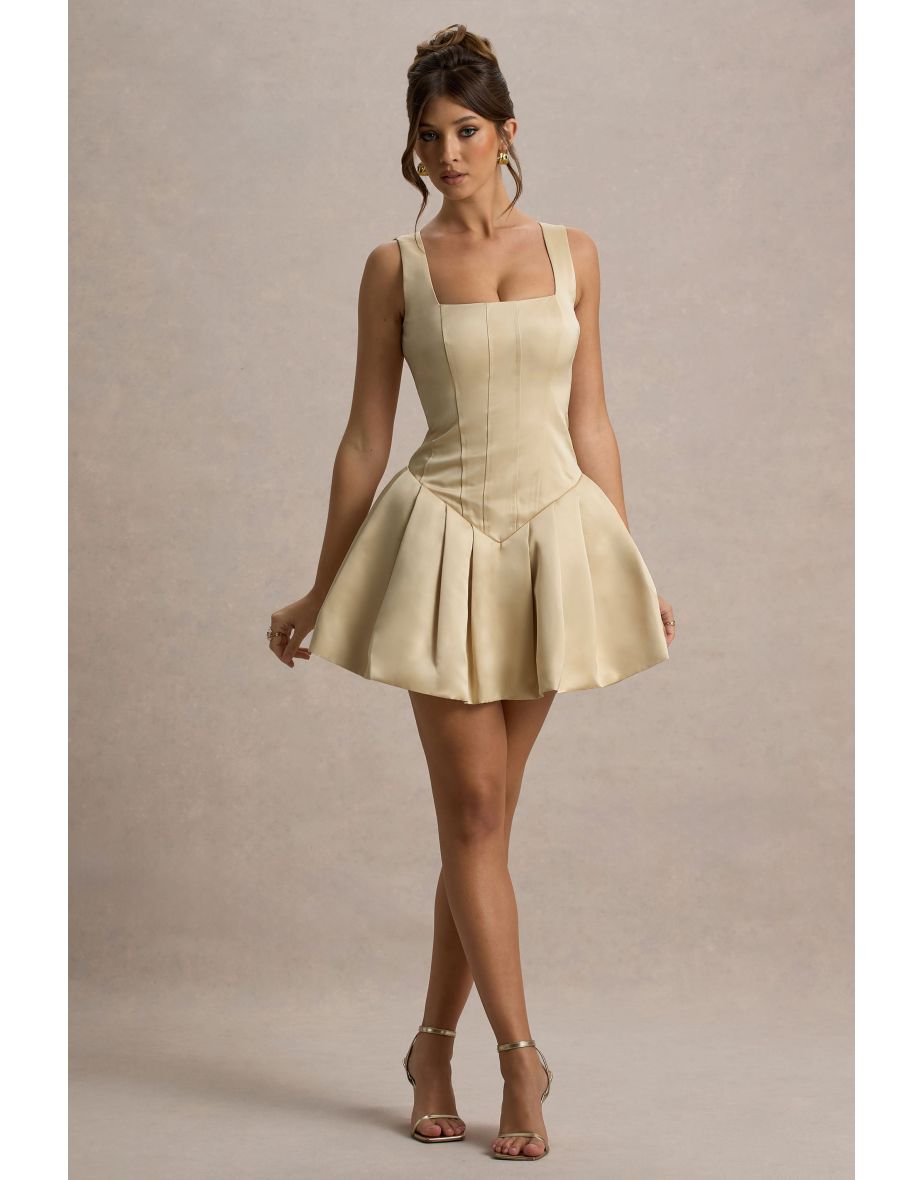 Bramble | Ivory Satin Square-Neck Puffball Mini Dress