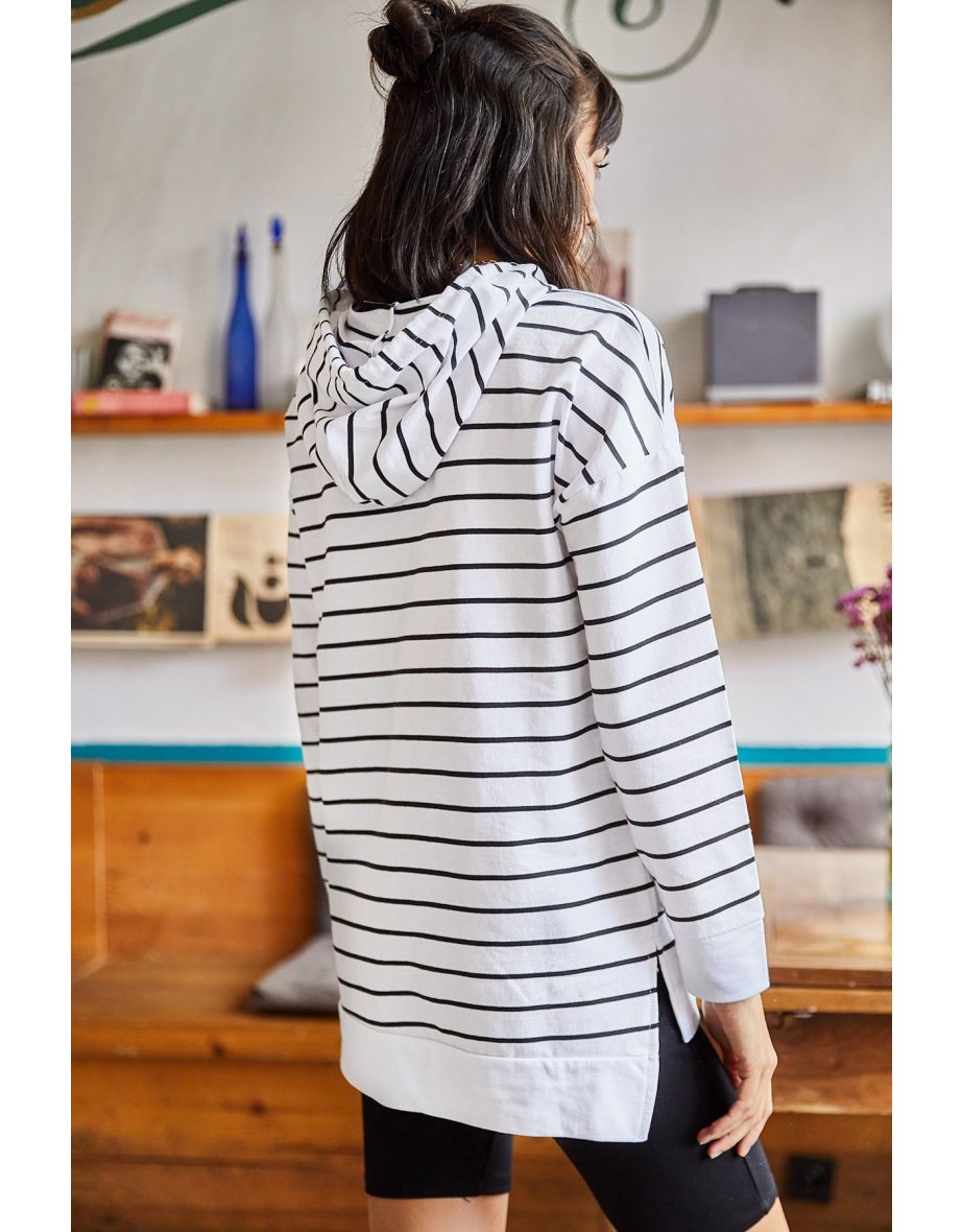 Women's White Hooded Striped Side Slit Sweatshirt - 6