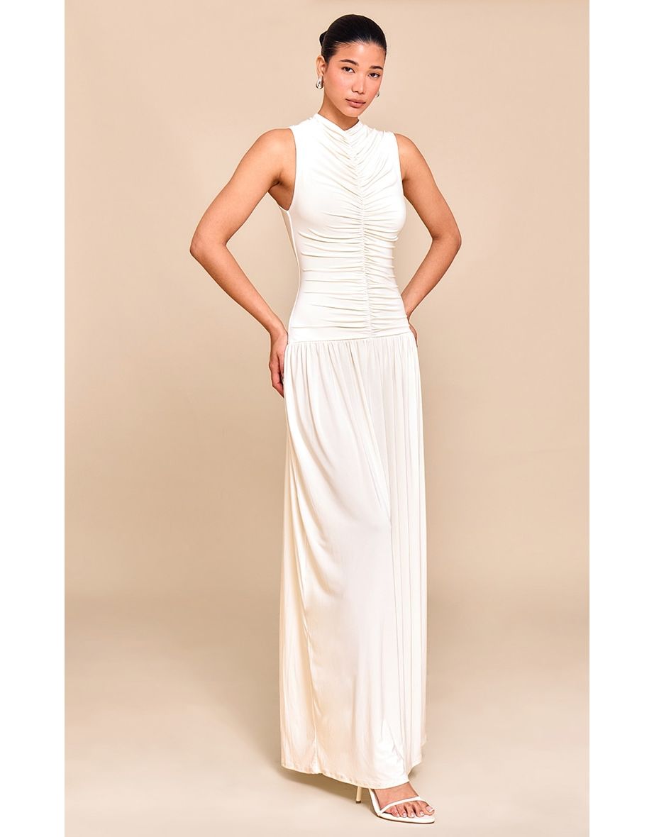 Cream Double Layer Soft Touch Drop Waist Ruched Maxi Dress