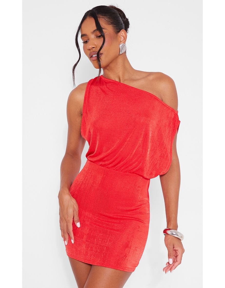 Tomato Red Slinky Acetate Draped Side Bodycon Dress